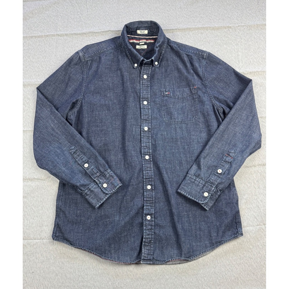 Tommy Hilfiger Mens Large Indigo Yarns Custom Fit Denim Button Down Shirt